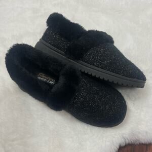 Skechers Memory Foam Slip On Clogs Black‎ Gold Metallic Faux Fur Shoes 6